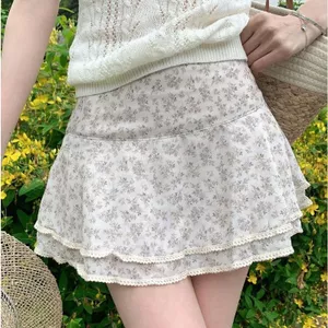 Phong cách Hàn Quốc Váy hoa phong cách nhẹ nhàng Thắt lưng co giãn Ren đôi Người đàn ông nhỏ Mặc đi nghỉ Váy chữ a giảm tuổi