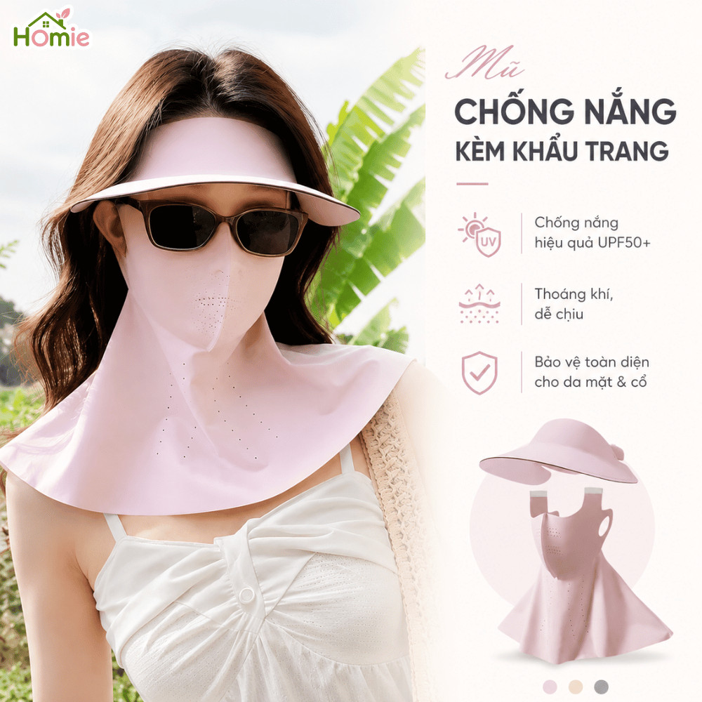 Mũ Kèm Khẩu Trang Chống Nắng Toàn Mặt Chất Lụa Hàn Mát Lạnh HOMIE, Ngăn Tia Cực Tím Có Thể Tháo Rời