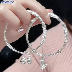 Bluelover Bạc Nữ Đầy Đủ Hoa Chuông Bướm Vòng Tay Ánh Sáng Sang Trọng Mở Có Thể Điều Chỉnh Vòng Tay Nữ Trang Sức Phụ Kiện ﻿ Mới