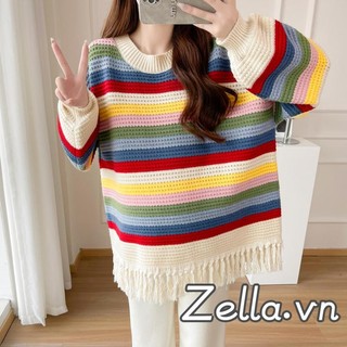 Áo len nữ dáng Oversize sọc cầu vồng, tay dài cổ tròn, chất liệu cao cấp