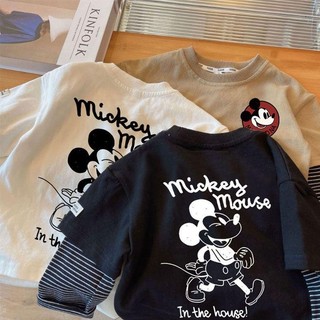 Mùa Xuân Thu Phong Cách Mới Trẻ Em Hoạt Hình Mickey Cổ Tròn Dài Tay Giả Hai Mảnh Bé Trai Thời Trang Đáy Áo Sơ Mi