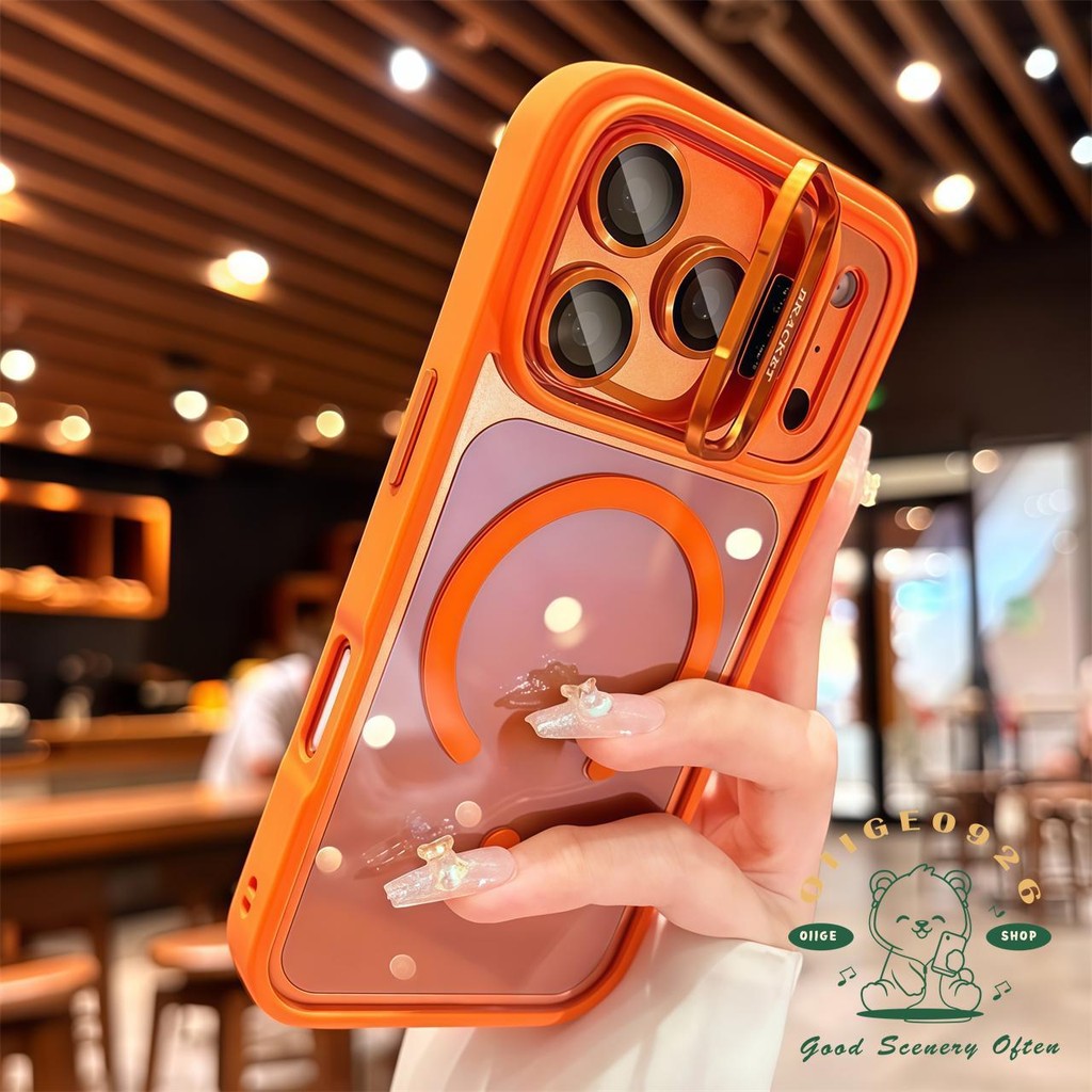 【 Ốp lưng iPhone17 】 Giá đỡ ống kính nhạy cảm màu cam Vỏ điện thoại từ tính iphone17 Pro Max 16 15 14 13 12 cho vỏ iPhone Vỏ mềm silicon TPU chống sốc