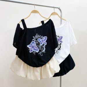 Set đồ áo thun nữ lệch vai in bươm bướm phối chân váy bí xòe xinh xắn, form rộng dễ thương bigsize - A316+CV413