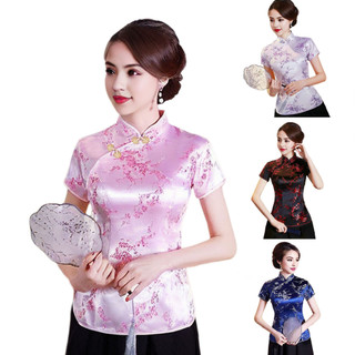 Phụ Nữ Retro Qipao Tay Ngắn In Hoa Cổ Đứng Truyền Thống Trung Quốc Sườn Xám Áo Cho Năm Mới Phong Cách Lễ Hội Quần Áo Nữ Nút Đĩa Đóng Cửa