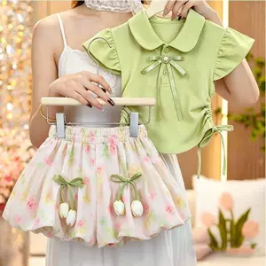 Bé gái (90-170) Áo tay bay nhỏ phong cách mới mùa hè + Bộ đồ hai mảnh thời trang Bud Culottes