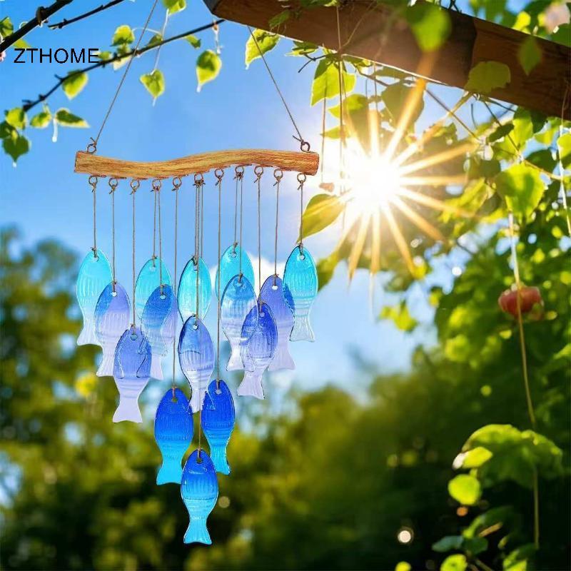 ZTHOME Trang Trí Kính Xanh Cá Chuông Gió Sân Vườn Ngoài Trời Treo Chuông Thủ Công Cho Sân Và Hiên Nhà HOT