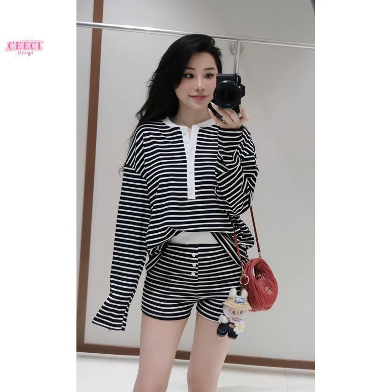 Set áo thun form rộng dài tay kẻ sọc kèm quần đùi CEECICLOSET Set đồ bộ nữ dễ thương phong cách Hàn Quốc thu đông 2024