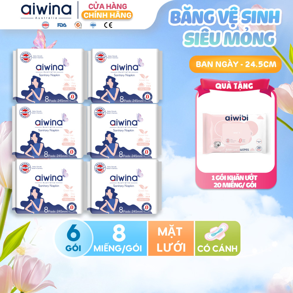 Combo 6 Băng vệ sinh Aiwina siêu mỏng ban ngày 24.5cm gói 8 miếng