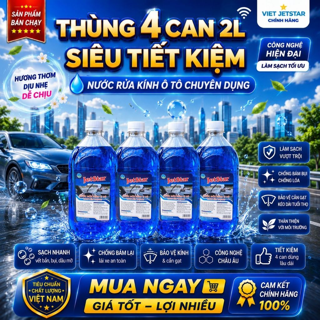 [Thùng 4 Can 2 Lít] Nước Rửa Kính Ô Tô JetStar Cao Cấp Chính Hãng