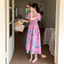 Váy hoa hồng cổ vuông cỡ lớn dành cho nữ có tay đèn lồng và váy dài in hoa