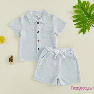2 Bộ Trang Phục Bé Trai Tay Ngắn Cổ Ve Áo Màu Trơn Nút Xuống Áo Họa Tiết + Bộ Quần Short Eo Co Giãn