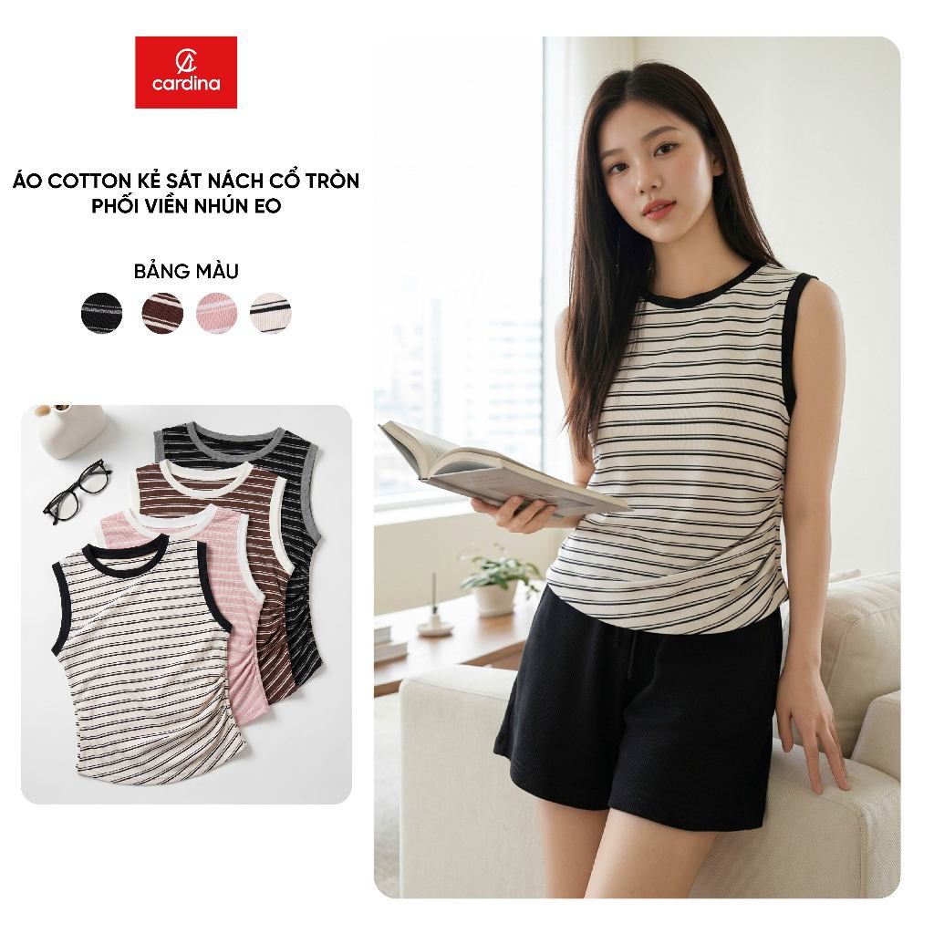 Áo thun nữ CARDINA cotton kẻ sát nách cổ tròn phối viền nhún eo 6ATS01