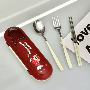 Panzai Bộ Đồ Ăn Bằng Thép Không Gỉ Bộ Ba Mảnh Thìa Nĩa Đũa Nhà Dễ Thương Bộ Đồ Ăn Hoạt Hình Hộp Takeaway Sinh Viên Bộ Đồ Ăn 6.18