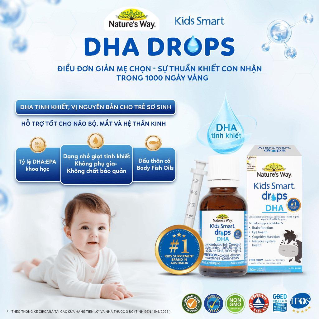 DHA Drops Nature's Way Kids Smart Bổ Sung DHA, Omega 3, Thành Phần Dầu Cá RTG Hỗ Trợ Tốt Cho Não Và Mắt Cho Bé 20ml