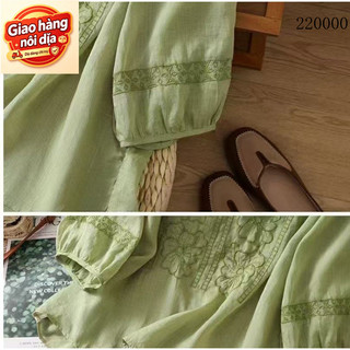 Giao hàng nội địa từ Việt Nam  Áo sơ mi vải lanh thêu màu xanh lá cây nhạt, 3/4 tay cổ chữ V - Thời trang hàng ngày