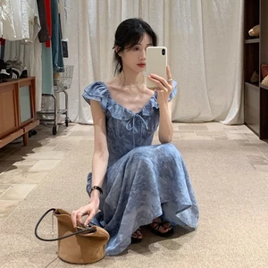 Váy cà vạt ngắn tay màu xanh cho nữ, váy giảm béo