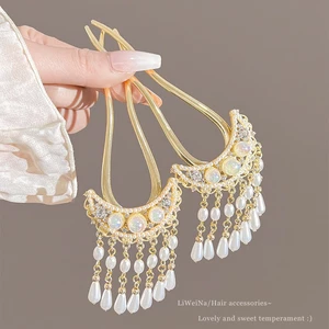 Ngọc Trai Lưỡi Liềm Tua Rua Hình Chữ u Kẹp Tóc Nữ Sườn Xám Hanfu Mũ Đội Đầu Cổ Mới Phong Cách Trung Quốc Kim Loại Cuộn Dây Kẹp Tóc Mũ Đội Đầu