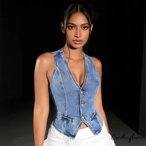 Áo Vest Denim không tay cổ chữ V mỏng vừa vặn cho nữ