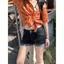 Quần Short Denim Nhỏ Mỹ Retro Rửa Slim-fit Co Giãn Phù Hợp Với Uốn Edge Bao hông Quần Nóng