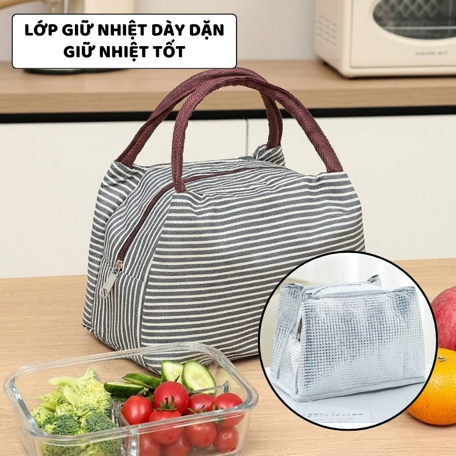 Túi Giữ Nhiệt Đựng Cơm Trưa Văn Phòng ENODA HOME, Túi Đựng Hộp Cơm Thiết Kế Sọc Hiện Đại TUICOM012