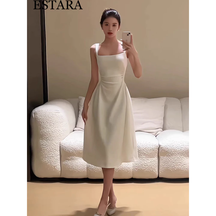 ESTARA Áo dài váy trắng bodycon Hàn Quốc váy cocktail mùa hè gợi cảm váy halter midi cho nữ trang phục dạ hội váy tiệc
