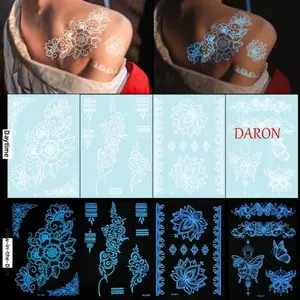 DARON Dạ Quang Henna Hình Xăm Miếng Dán, Chân Cánh Tay Trắng Henna Hình Xăm Đề Can, Công Cụ Cưới Sáng Tạo Ấn Độ Hoa Phát Sáng Ren Hình Xăm Tạm Thời Ngón Tay
