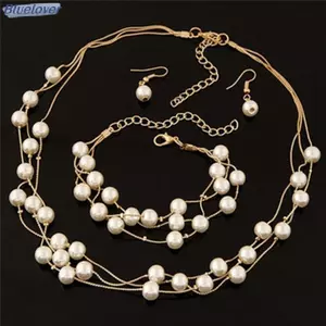 Bluelover Thời Trang Nhiều Lớp Ngọc Trai Nelace Bông Tai Vòng Tay Bộ Trang Sức Cưới Cô Dâu Mới