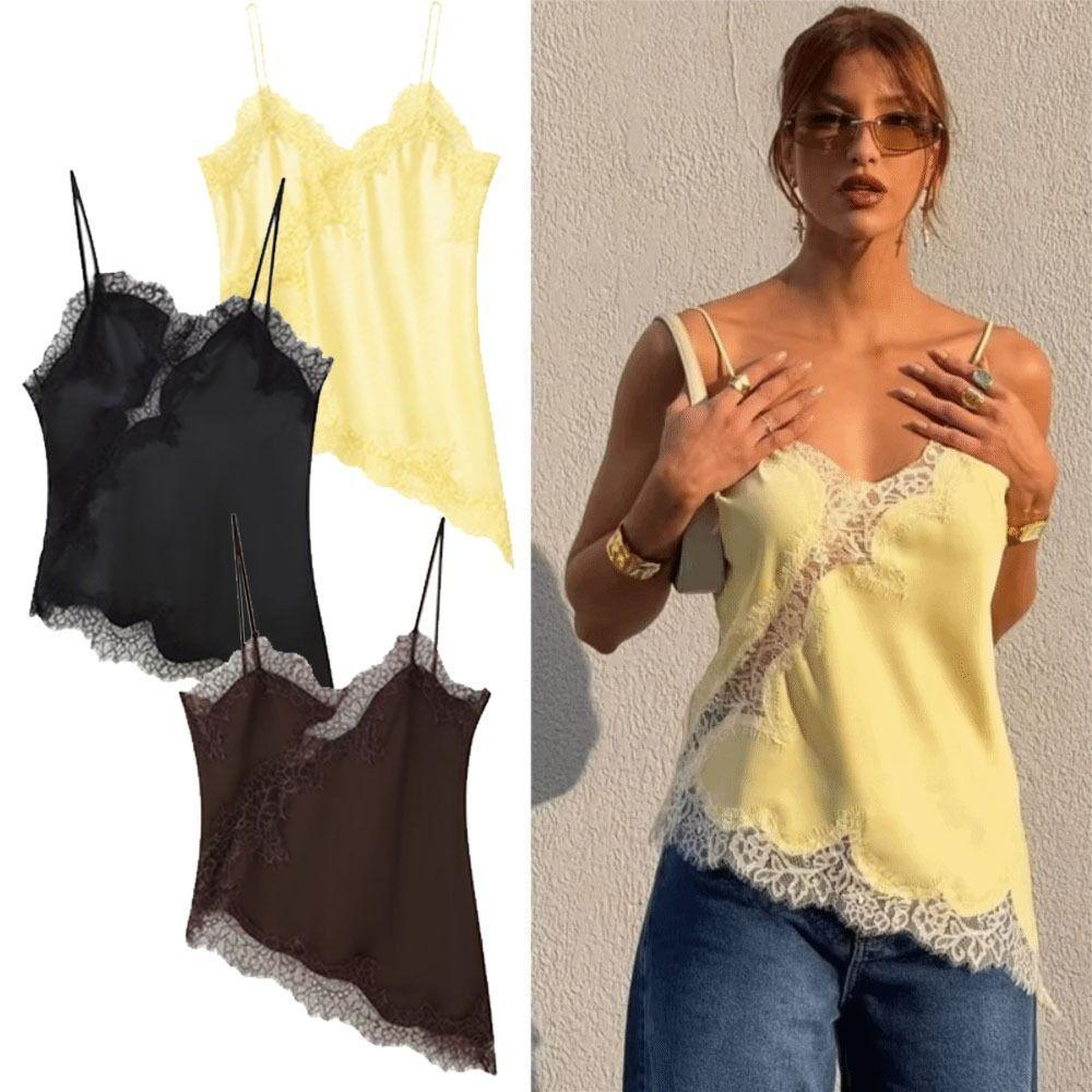 Áo chắp vá ren HOBBYIN cổ chữ V hở lưng, thiết kế không đối xứng gợi cảm, phù hợp cho bữa tiệc.