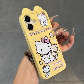Ốp lưng tai mèo áo lông vũ Hello Kitty ôm gấu dễ thương, phong cách ins nữ tính cặp iPhone 16/17/15/14/13/12/11/X/XS Max