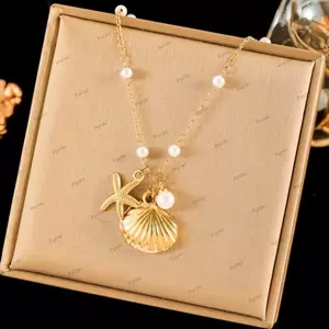 Vòng cổ vỏ PYCOU, Thiết kế sao biển Ngọc trai Accent Trang sức nữ, Trang trí thời trang Vòng tay chống nước màu vàng