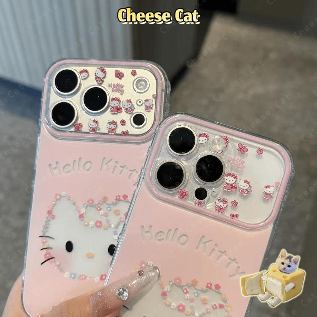 Ốp điện thoại kính hình Kitty mèo rỗng màu hồng cho iPhone Xs Max XR 13 14 15 16 17 Pro Max 12 11 17 Air