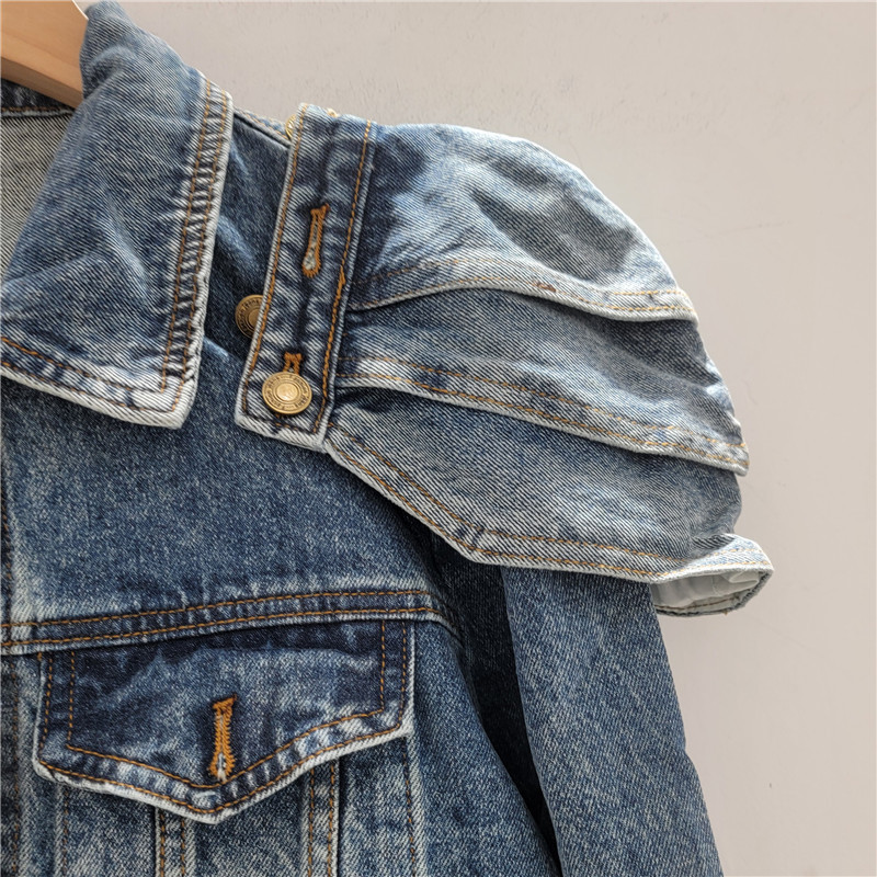 Áo khoác denim nữ retro phong cách Anh Quốc, thiết kế xếp nếp, phù hợp cho mùa mới