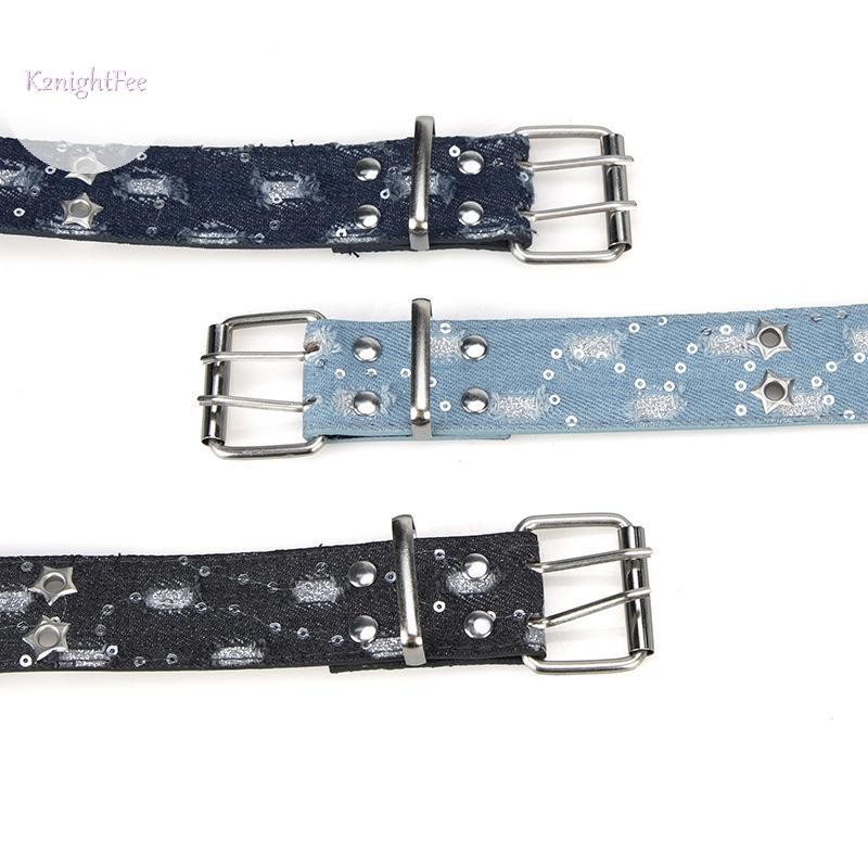 Thắt lưng thời trang mớipunk và denim xanh, sang trọng với khóa ngôi sao rỗng pin, phù hợp nam nữ