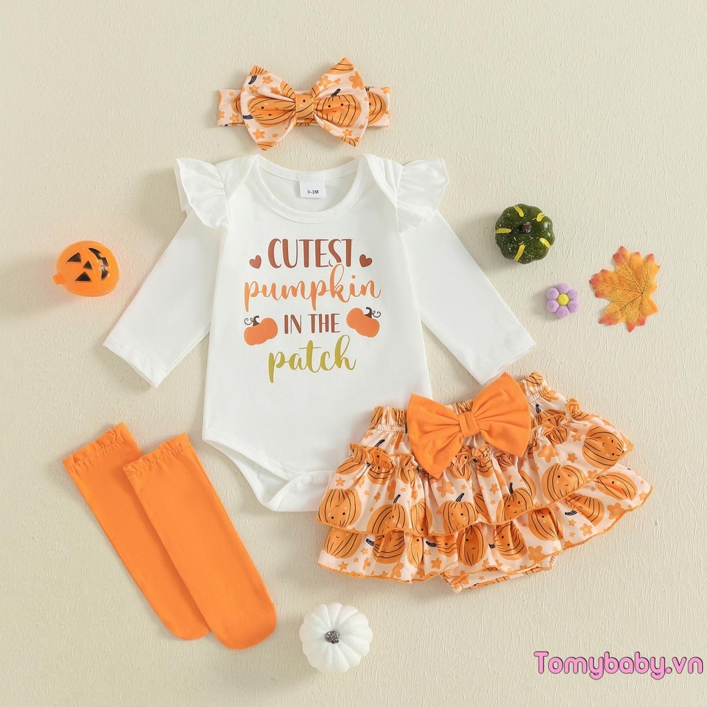 Bộ trang phục Halloween cho bé gái Áo liền quần dài tay in chữ + Skort nhiều lớp + Băng đô + Tất Bộ 4 chiếc