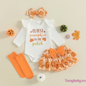 Bộ trang phục Halloween cho bé gái Áo liền quần dài tay in chữ + Skort nhiều lớp + Băng đô + Tất Bộ 4 chiếc