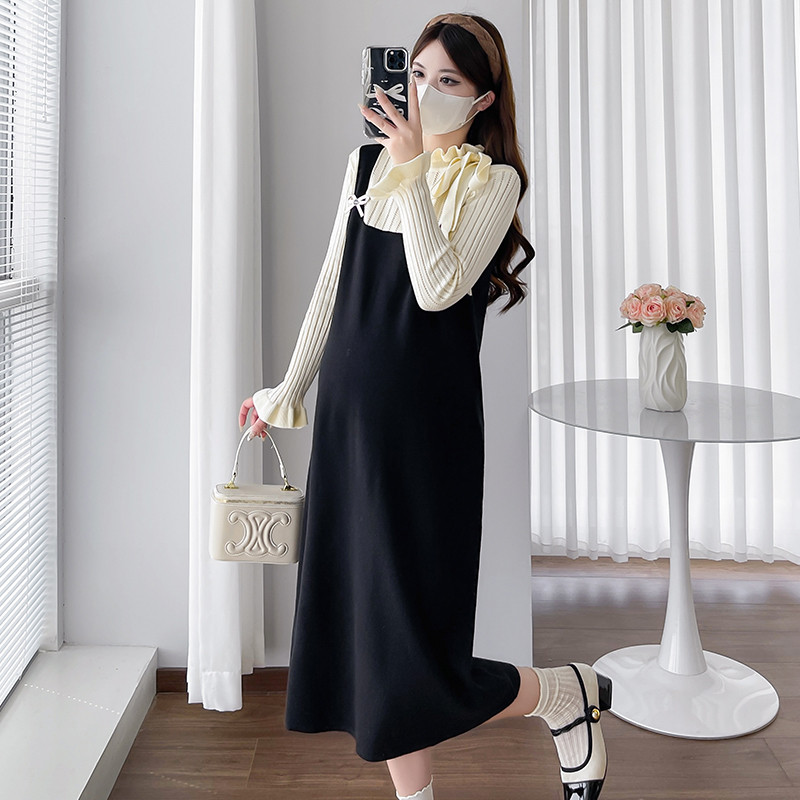 Trang phục bà bầu mùa thu đông Váy dệt kim hai mảnh giả