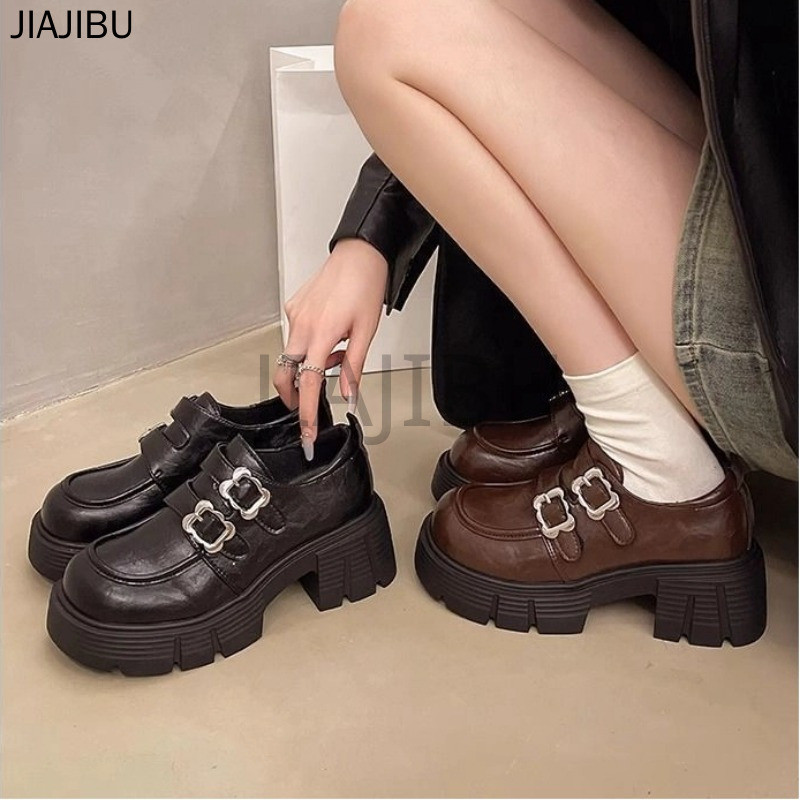 Giày Da Cao Cấp Mũi Tròn Chống Trượt Hai Hàng Khuy Màu Nâu/đen Gót Dày Phong Cách Sinh Viên Anh Dành Cho Nữ Korean Fashion Casual Matte Cosplay Platform Mary Jane Shoes Giày Lolita Đồng Phục JK Nhật Bản