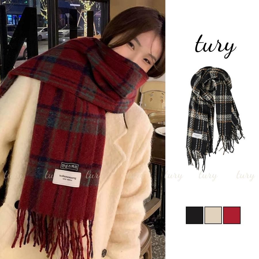 Khăn Quàng Cổ Len Unisex Nam Nữ - Tury - Khăn Choàng Cổ Len Cashmere đính tag Hello phối caro - LN125