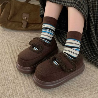 XIXITIAO Giày Cotton Đế Dày Lót Lông Cừu Giữ Ấm Nữ Thu Đông Dễ Thương Pháp Thoải Mái