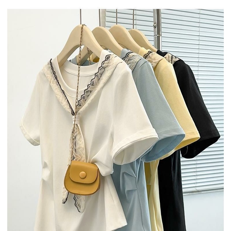 Milyfashion Size Lớn Ren Khăn Choàng Vai Chính Hãng Tay Ngắn T Phong Cách Mới Rời Ôm Hơn Nhìn Thời Trang Top Quần Áo Nữ