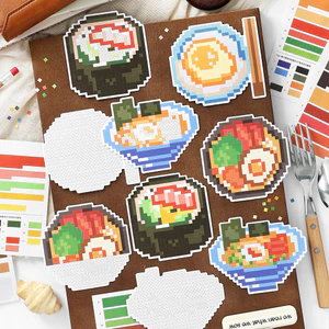ENWEI 3 Cái [Dòng Khảm Hạt] Nhãn Dán Giấy Washi Sushi Tonkotsu Ramen Pixel Nghệ Thuật Thêu Sò Nhật Ký Người Lập Kế Hoạch Trang Trí Văn Phòng Phẩm Nhãn Dán