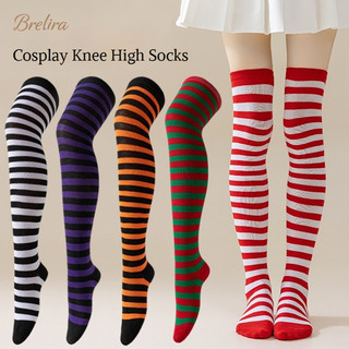 『Brelira』Tất sọc Giáng sinh dáng dài cho nữ dịp Halloween Tất cao mềm mại co giãn thoải mái