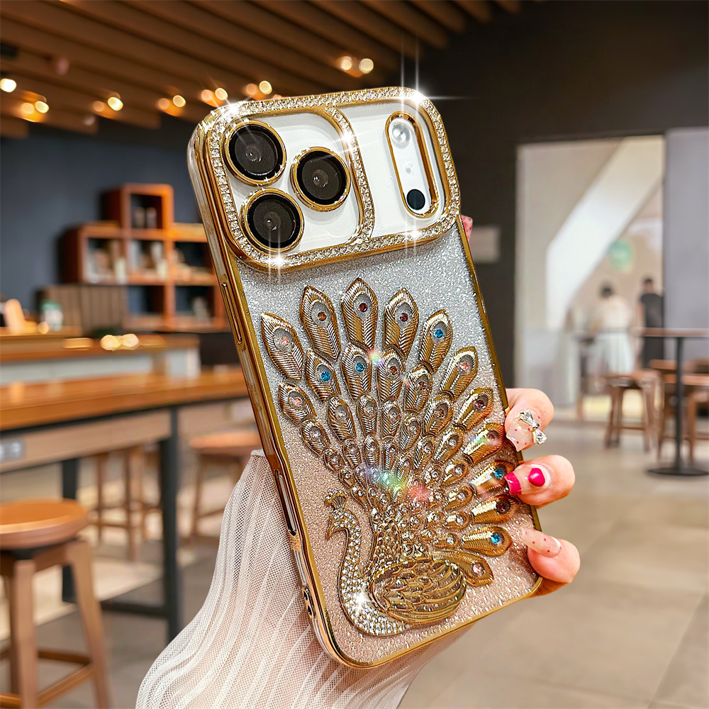 Ốp điện thoại hình con công Flash Diamond 3D cho iPhone 17 Pro Max 16 13 14 15 Pro Max Air Phim bảo vệ gương chống rơi TPU mềm vỏ bảo vệ điện thoại