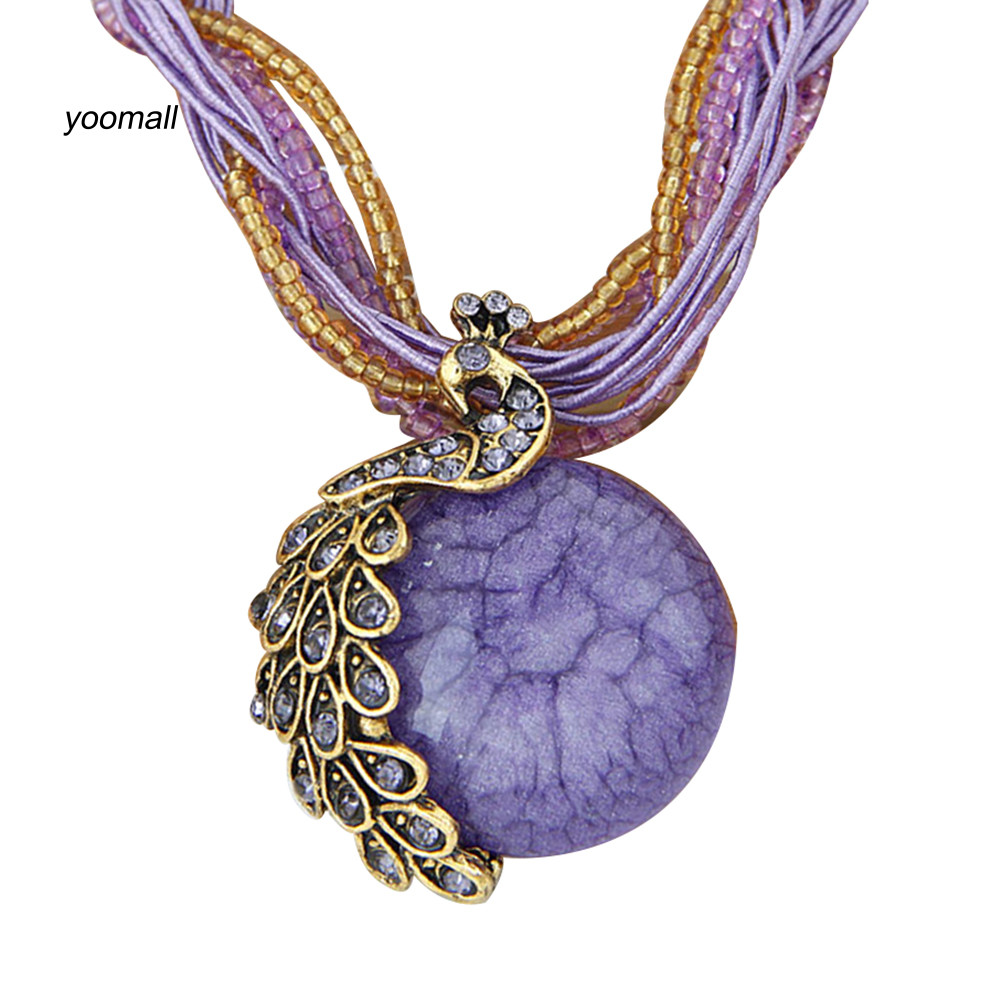 Mặt Dây Chuyền Vòng Cổ Phong Cách Boho, Họa Tiết Con Công, Sọc Kẻ, Kim Cương Và Opal Giả - Quà Tặng Đặc Biệt
