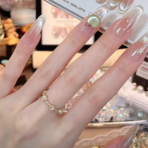 Xanh Táo Đeo Móng Tay Hình Bầu Dục Màu Xanh Gradient Móng Tay Điểm Kim Cương Chấm Bi Làm Móng Tay Mảnh