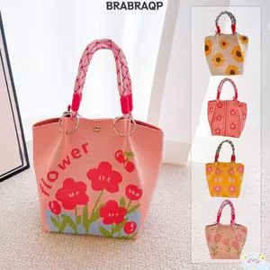 Túi xách nữ móc BRABRAA, Túi Tote tay cầm bện phong cách Hàn Quốc, Túi xách in hoa để đi mua sắm & du lịch