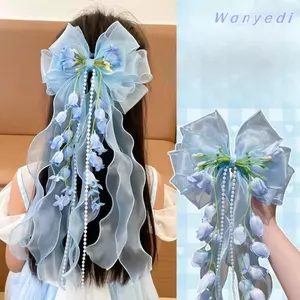WANYEDI Ruy Băng Kẹp Tóc, Chuông Phong Lan Ruy Băng Dài Nơ Tóc, Nơ Lớn Tua Rua Thiết Kế Lưới Mềm Kẹp Tóc Cho Bé Gái
