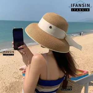 Mũ vành rộng FANSIN, Nơ Chi tiết Dây đeo lụa Mũ chống nắng, Bảo vệ tia cực tím thanh lịch Chống nắng Mái hiên lớn Mũ chống nắng mùa hè Du lịch