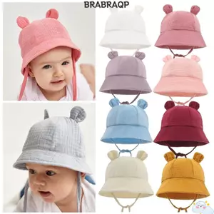 Mũ chống nắng cho bé BRABRAA, Mũ chống nắng Cotton Panama 3-12M Muslin, Mũ trẻ sơ sinh mềm Mũ trẻ em có tai Mũ xô sơ sinh có thể điều chỉnh Chơi ngoài trời
