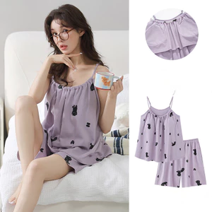 Quần Short Nữ Không Tay Loungewear Set Kèm Áo Ngực Tích Hợp Phong Cách Ngọt Ngào Cho Mùa Hè Trong Nhà Hàng Ngày Thư Giãn Mặc Ở Nhà Thường Ngày Cho Bé Gái